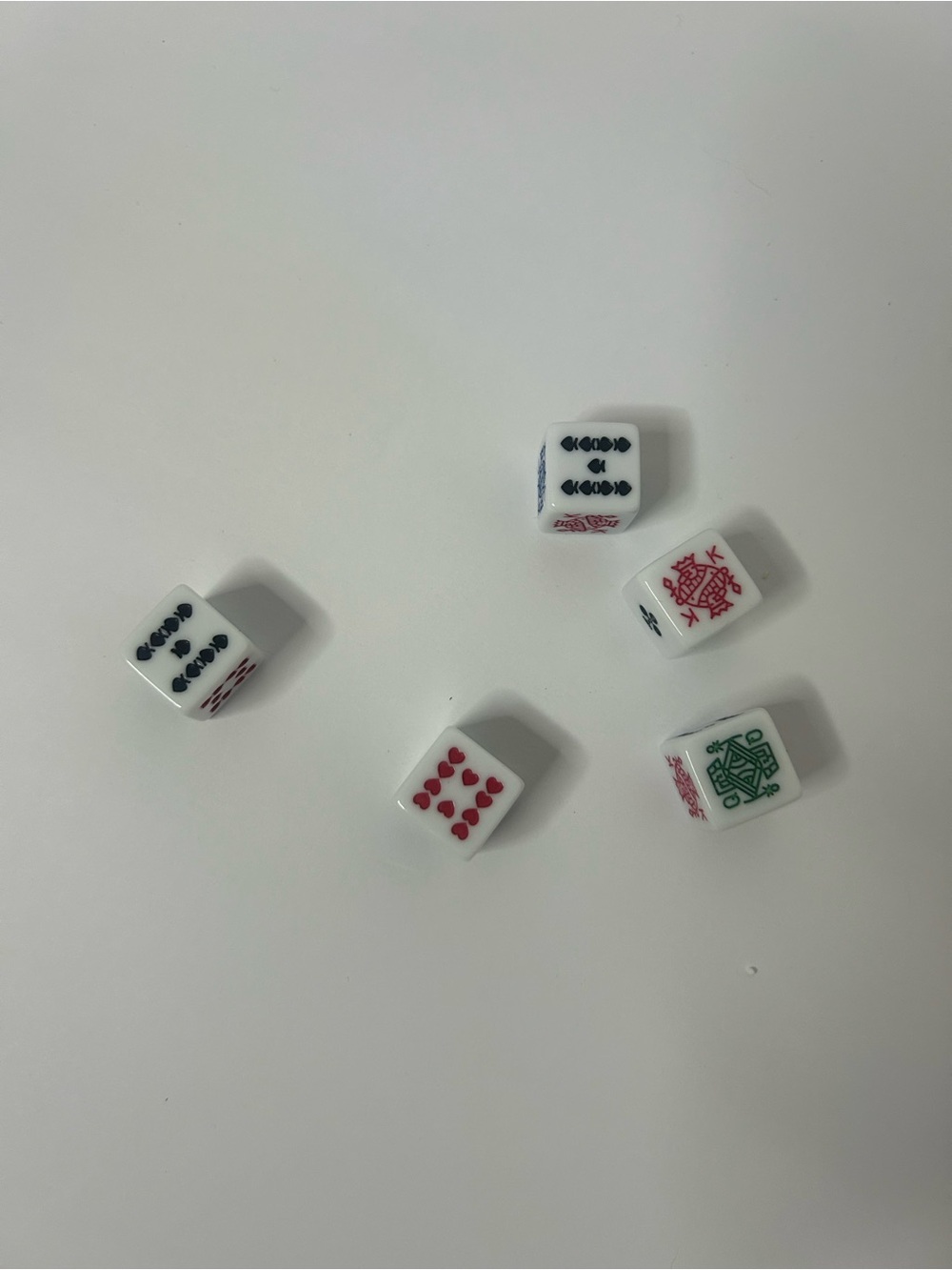 White Mahjong-Style Dice Set with Red, Black and Green Faces - Picture 2 of 4